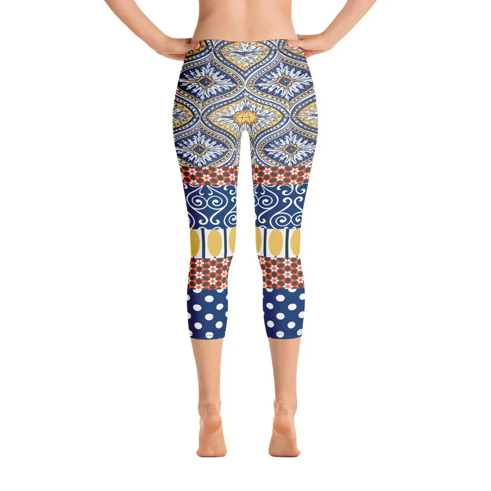 Scaredy-Cat Blue Mediterranean Tile Capri Leggings