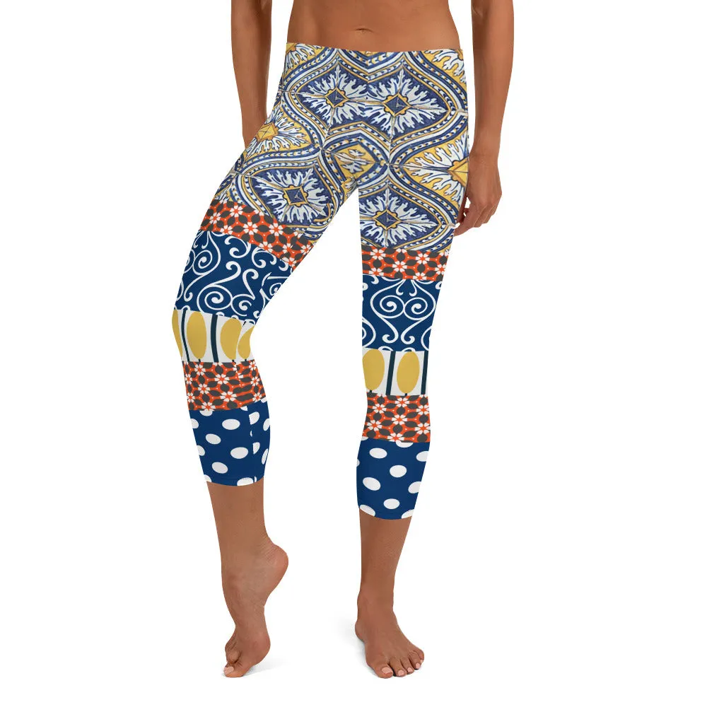 Scaredy-Cat Blue Mediterranean Tile Capri Leggings