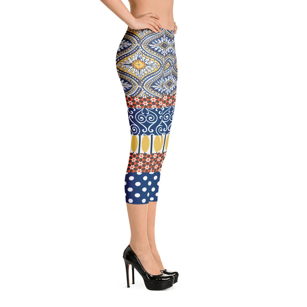 Scaredy-Cat Blue Mediterranean Tile Capri Leggings