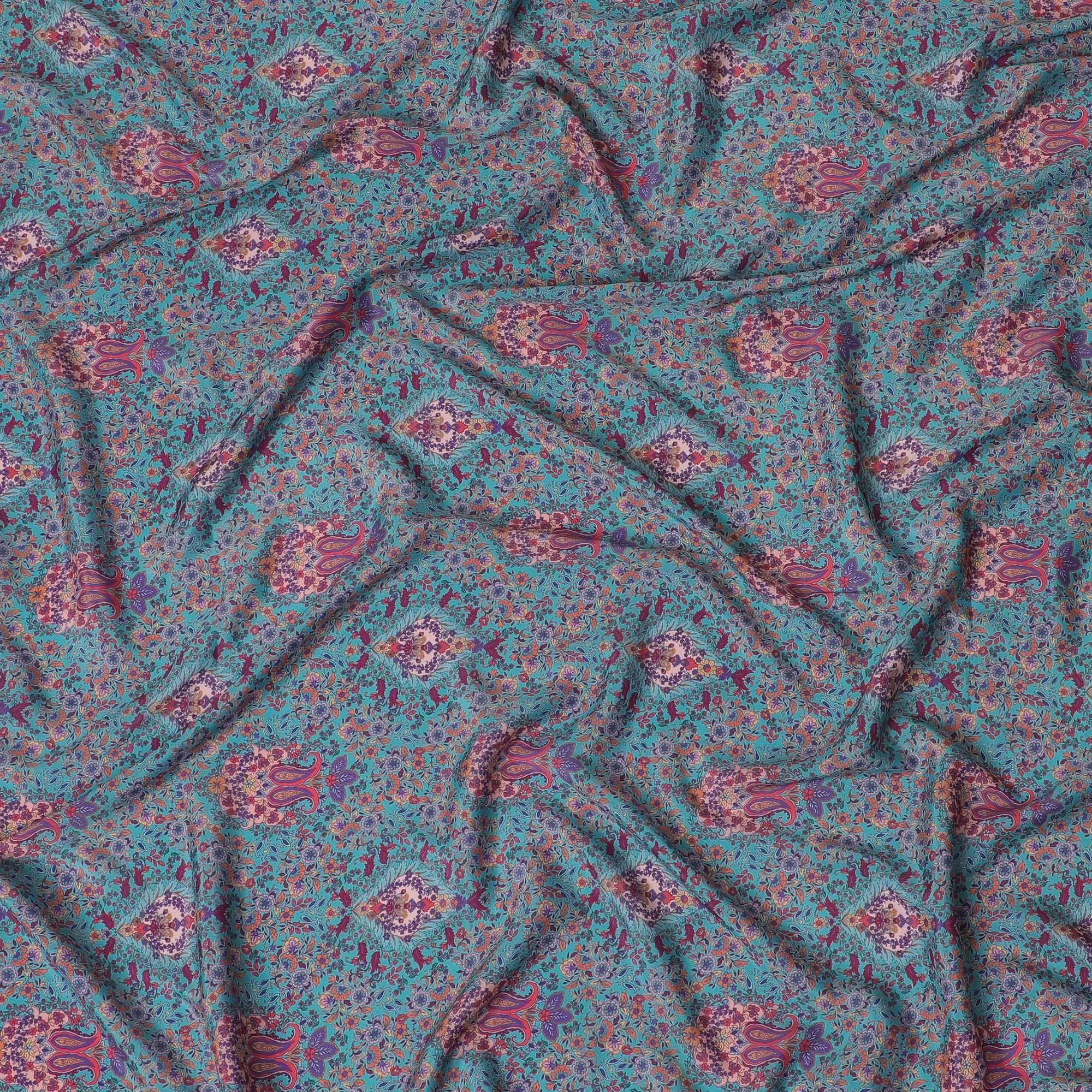 Sea blue synthetic crepe fabric with multicolor print in floral design-D15025