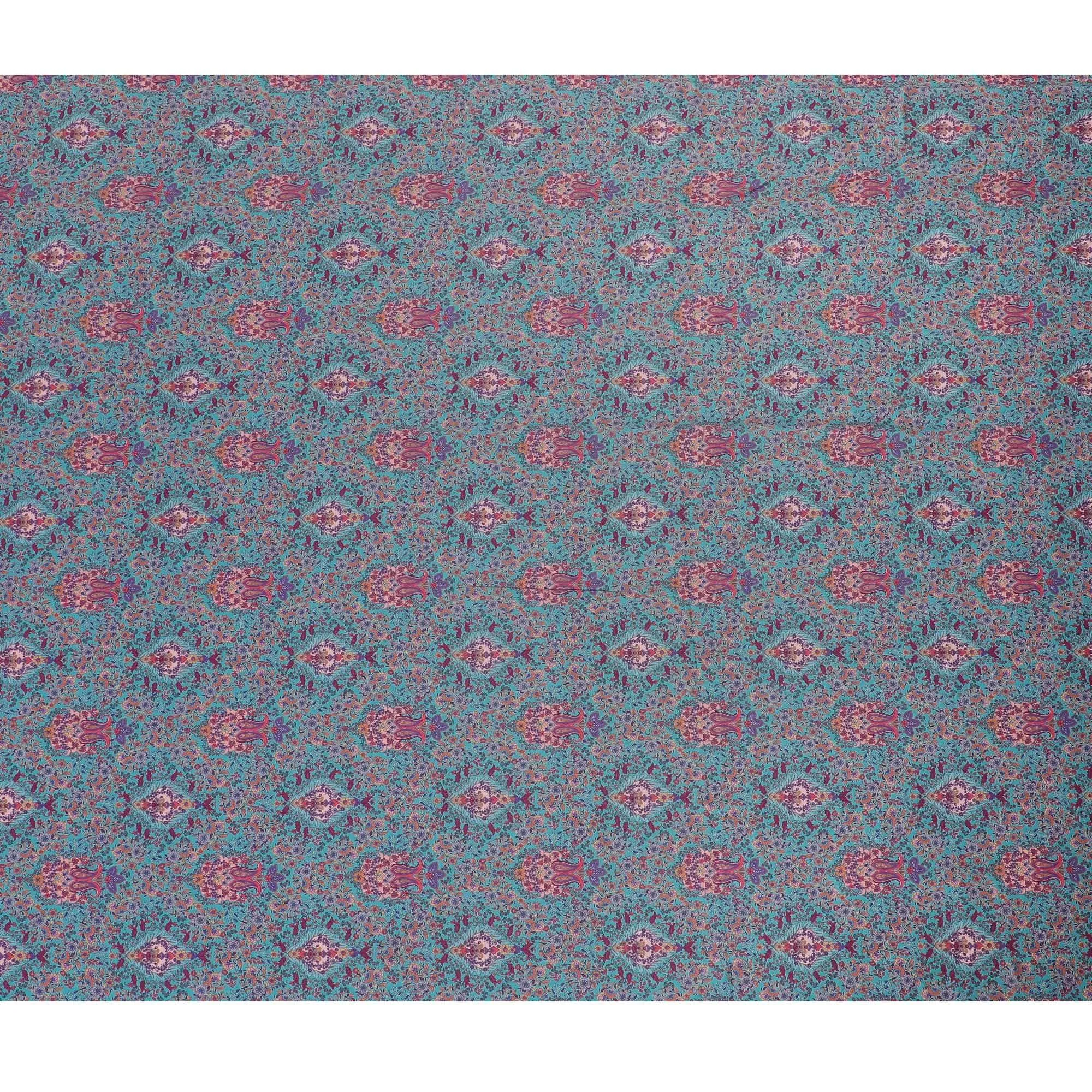 Sea blue synthetic crepe fabric with multicolor print in floral design-D15025