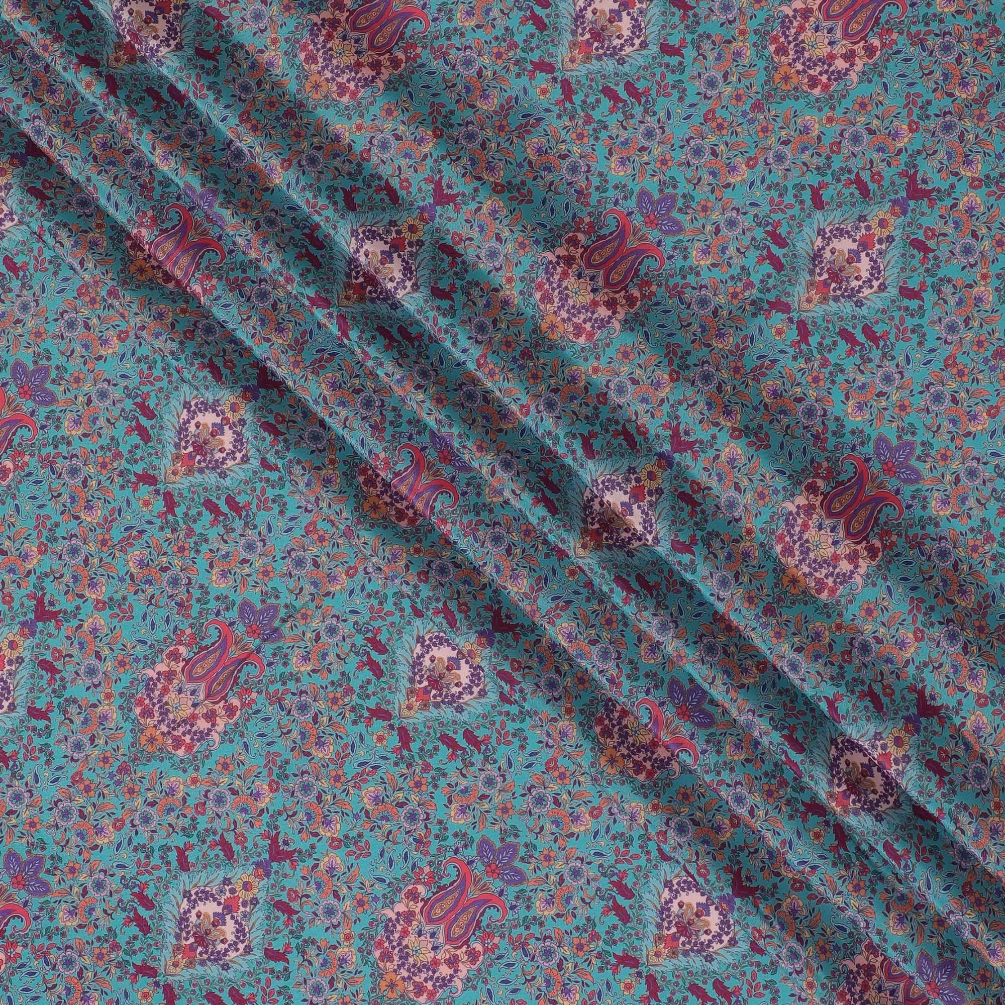 Sea blue synthetic crepe fabric with multicolor print in floral design-D15025