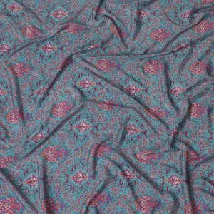 Sea blue synthetic crepe fabric with multicolor print in floral design-D15025