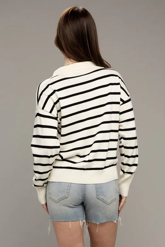 Senora Stripe Collared Knit Sweater - Ivory