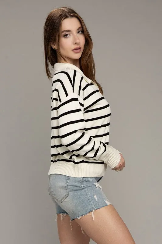 Senora Stripe Collared Knit Sweater - Ivory