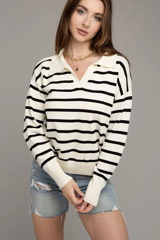Senora Stripe Collared Knit Sweater - Ivory