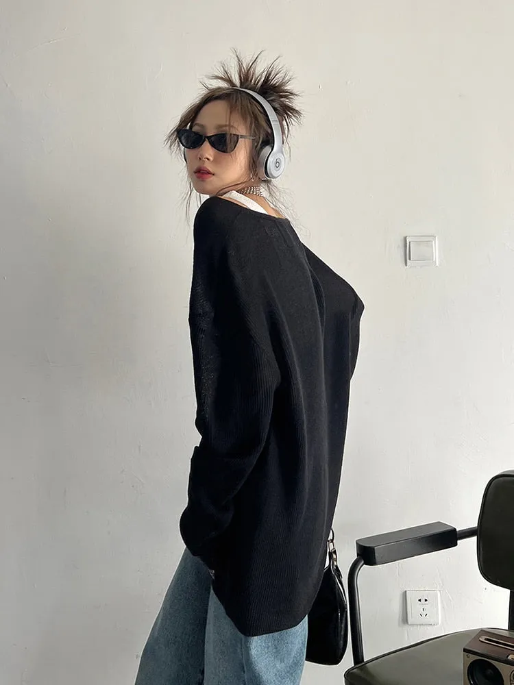 Solid Knitted T Shirts For Women V Neck Long Sleeve Loose Casual Minimalist Pullover T Shirt Female Fashion Clothes