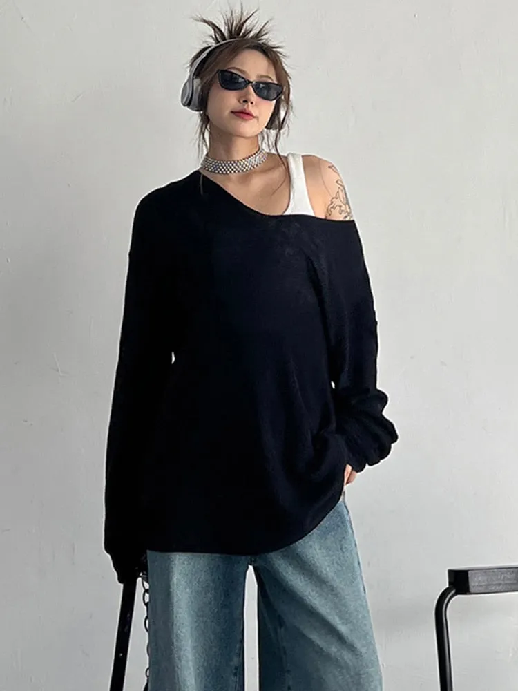 Solid Knitted T Shirts For Women V Neck Long Sleeve Loose Casual Minimalist Pullover T Shirt Female Fashion Clothes