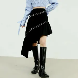 Solid Patchwork Metal Buckle Slimming Skirts For Women High Waist Irregular Hem Designer Skirt Female Fashion