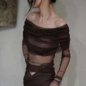 Solid Sexy T Shirts For Women Slash Neck Cold Shoulder Long Sleeves Patchwork Folds T Shirt Female Fashion Clothing