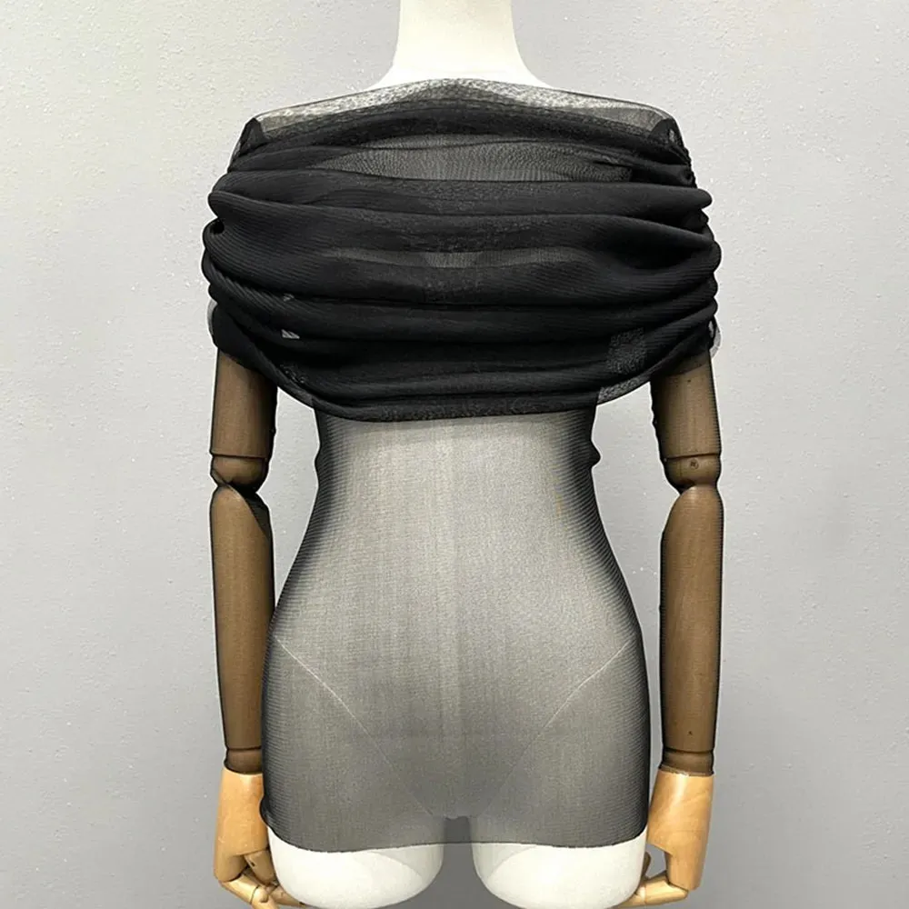 Solid Sexy T Shirts For Women Slash Neck Cold Shoulder Long Sleeves Patchwork Folds T Shirt Female Fashion Clothing