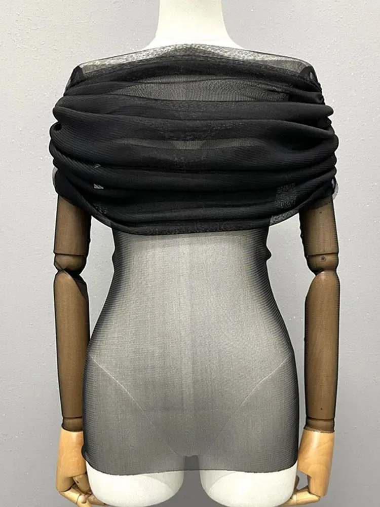 Solid Sexy T Shirts For Women Slash Neck Cold Shoulder Long Sleeves Patchwork Folds T Shirt Female Fashion Clothing