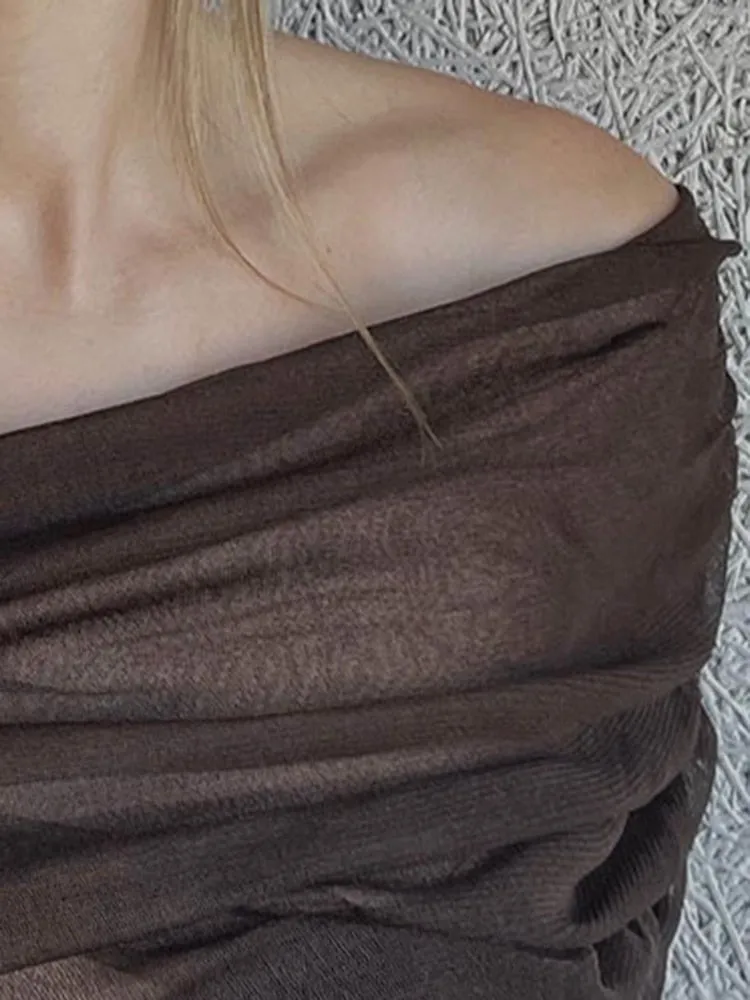 Solid Sexy T Shirts For Women Slash Neck Cold Shoulder Long Sleeves Patchwork Folds T Shirt Female Fashion Clothing