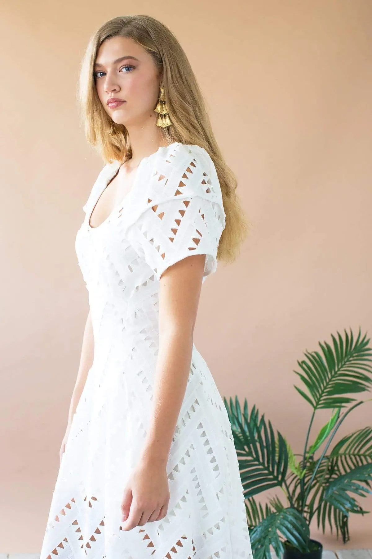 Sue Ellen Lantern Sleeve Midi Dress - White Nights Geo Cutwork Lace