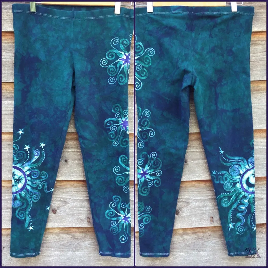 Teal and Purple Sun Star Batik Leggings