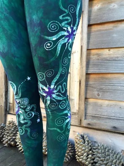 Teal and Purple Sun Star Batik Leggings