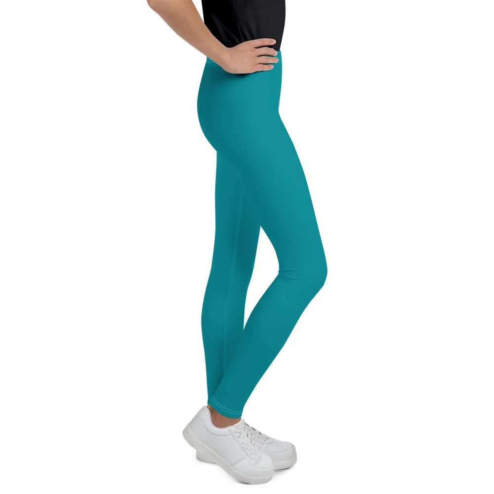 Teal Blue Solid Color Designer Youth Sports Gym Elastic Comfy Leggings - Made in USA/EU