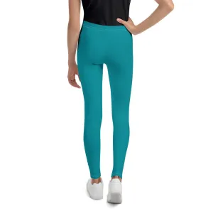 Teal Blue Solid Color Designer Youth Sports Gym Elastic Comfy Leggings - Made in USA/EU