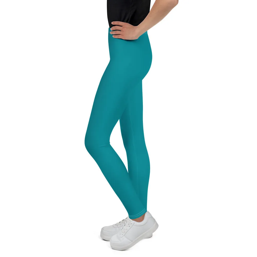Teal Blue Solid Color Designer Youth Sports Gym Elastic Comfy Leggings - Made in USA/EU