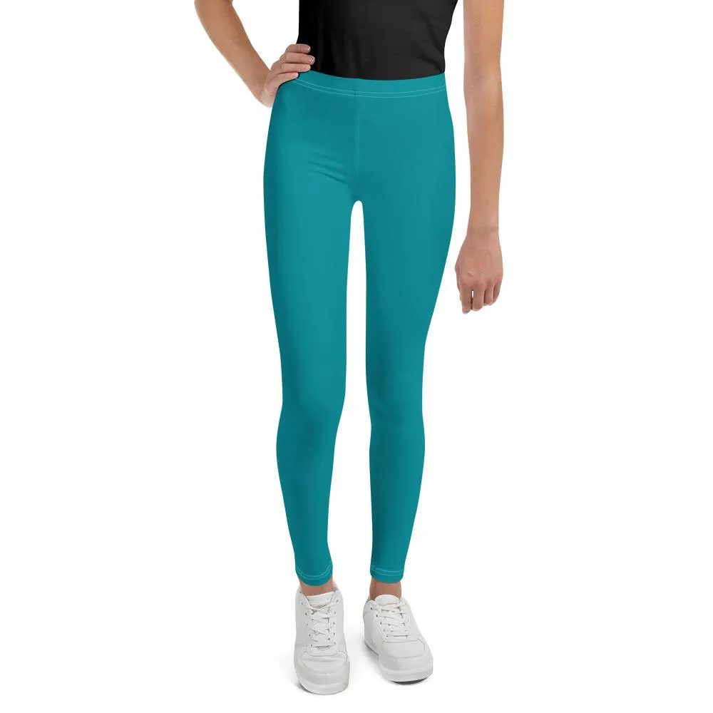 Teal Blue Solid Color Designer Youth Sports Gym Elastic Comfy Leggings - Made in USA/EU