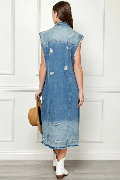 TEEK - Med-Wash Blue Distressed Sleeveless Denim Jacket
