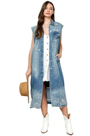 TEEK - Med-Wash Blue Distressed Sleeveless Denim Jacket