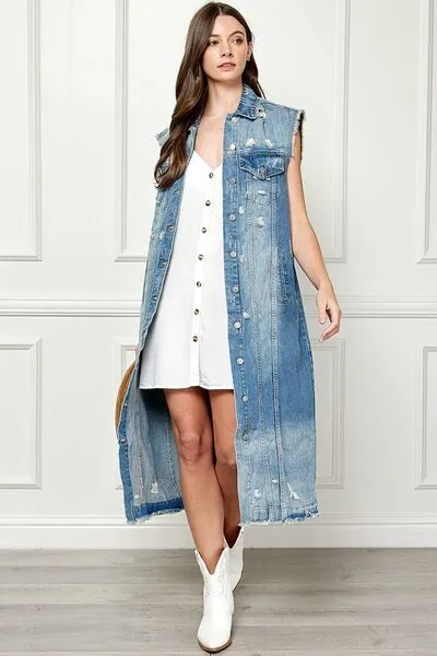 TEEK - Med-Wash Blue Distressed Sleeveless Denim Jacket