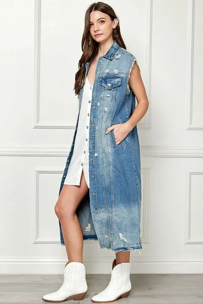 TEEK - Med-Wash Blue Distressed Sleeveless Denim Jacket