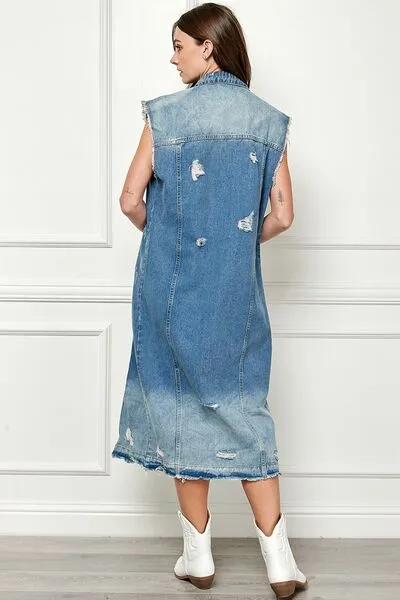 TEEK - Med-Wash Blue Distressed Sleeveless Denim Jacket