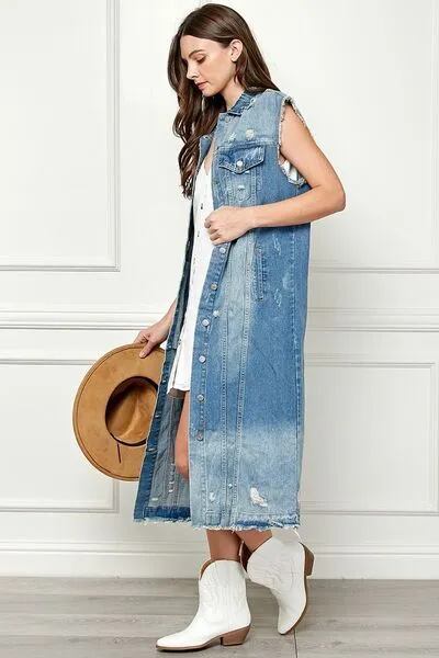TEEK - Med-Wash Blue Distressed Sleeveless Denim Jacket