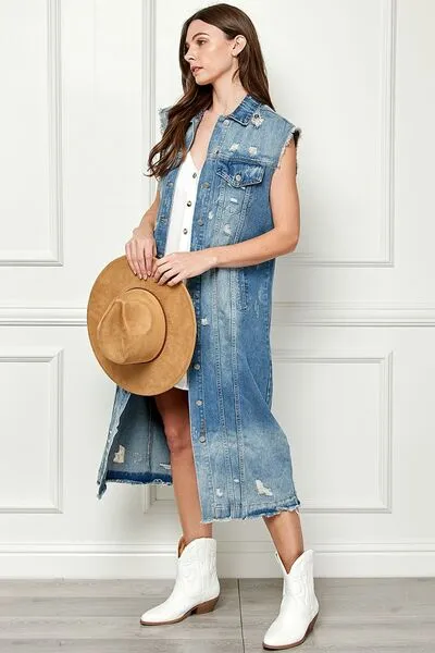 TEEK - Med-Wash Blue Distressed Sleeveless Denim Jacket