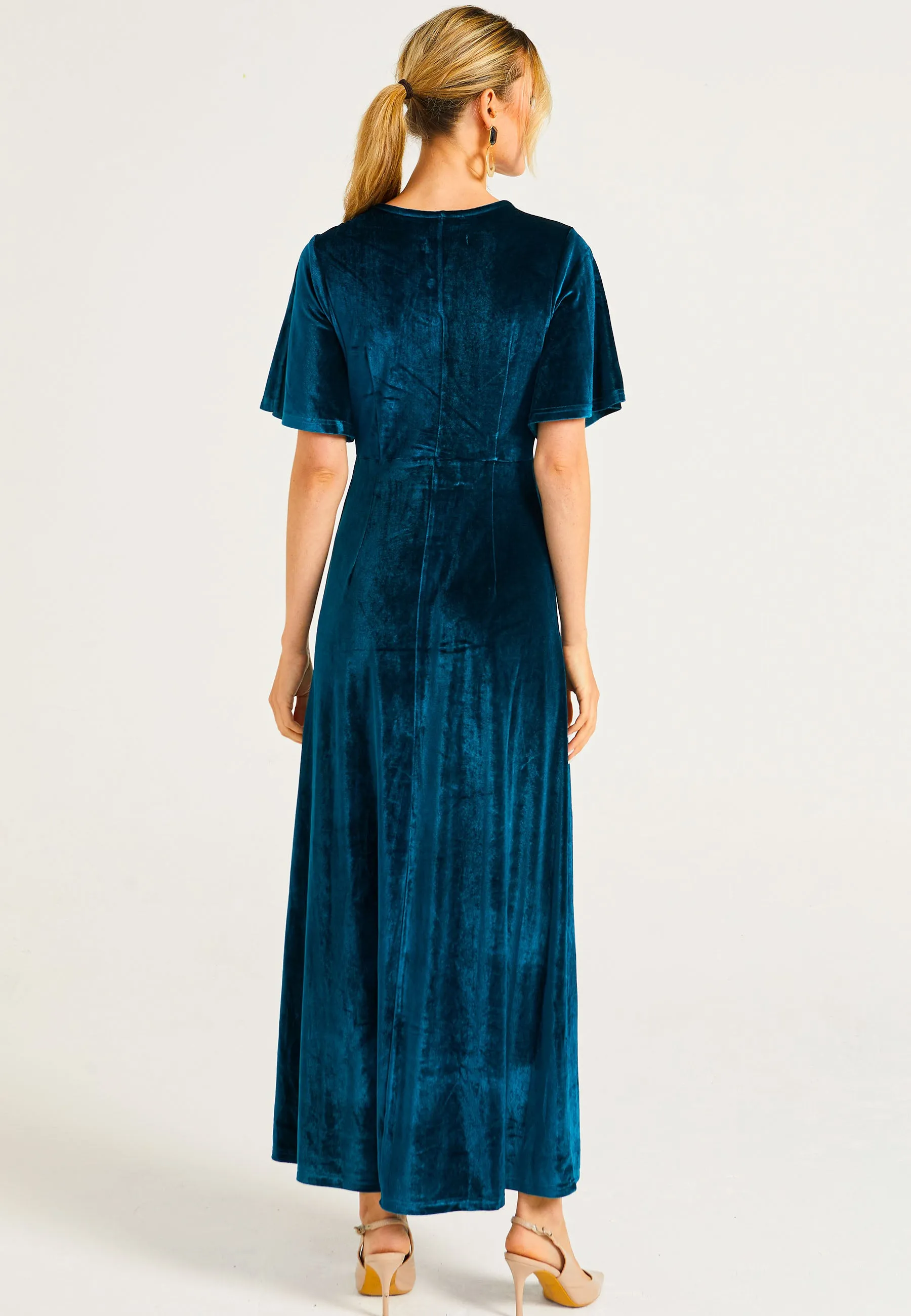 Velvet Flutter Sleeve Faux Wrap Dress With Slit in Teal