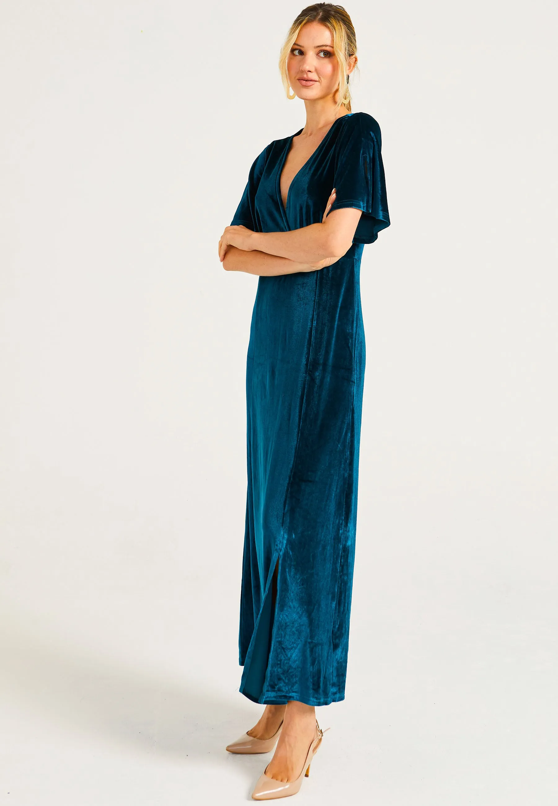 Velvet Flutter Sleeve Faux Wrap Dress With Slit in Teal