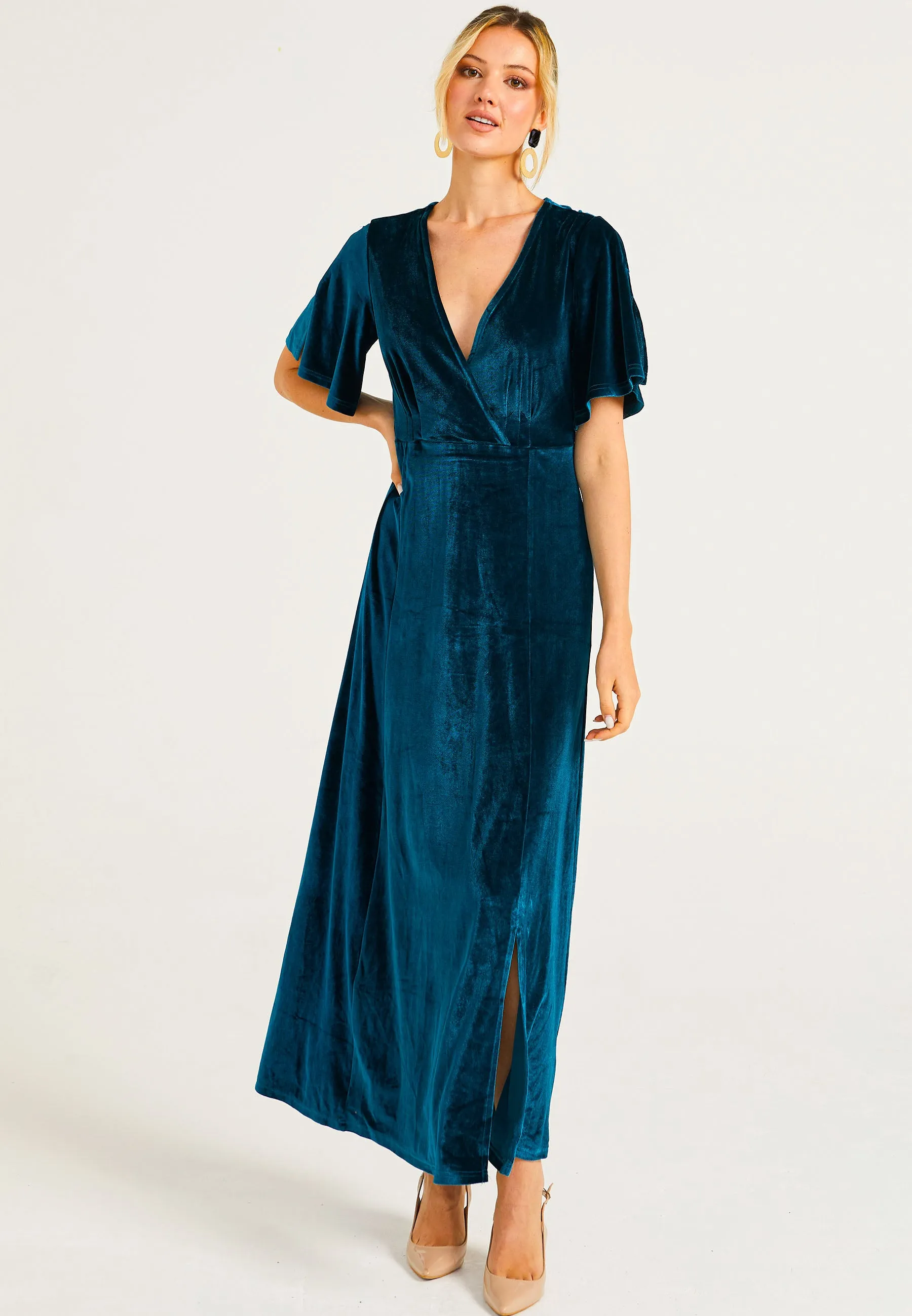 Velvet Flutter Sleeve Faux Wrap Dress With Slit in Teal