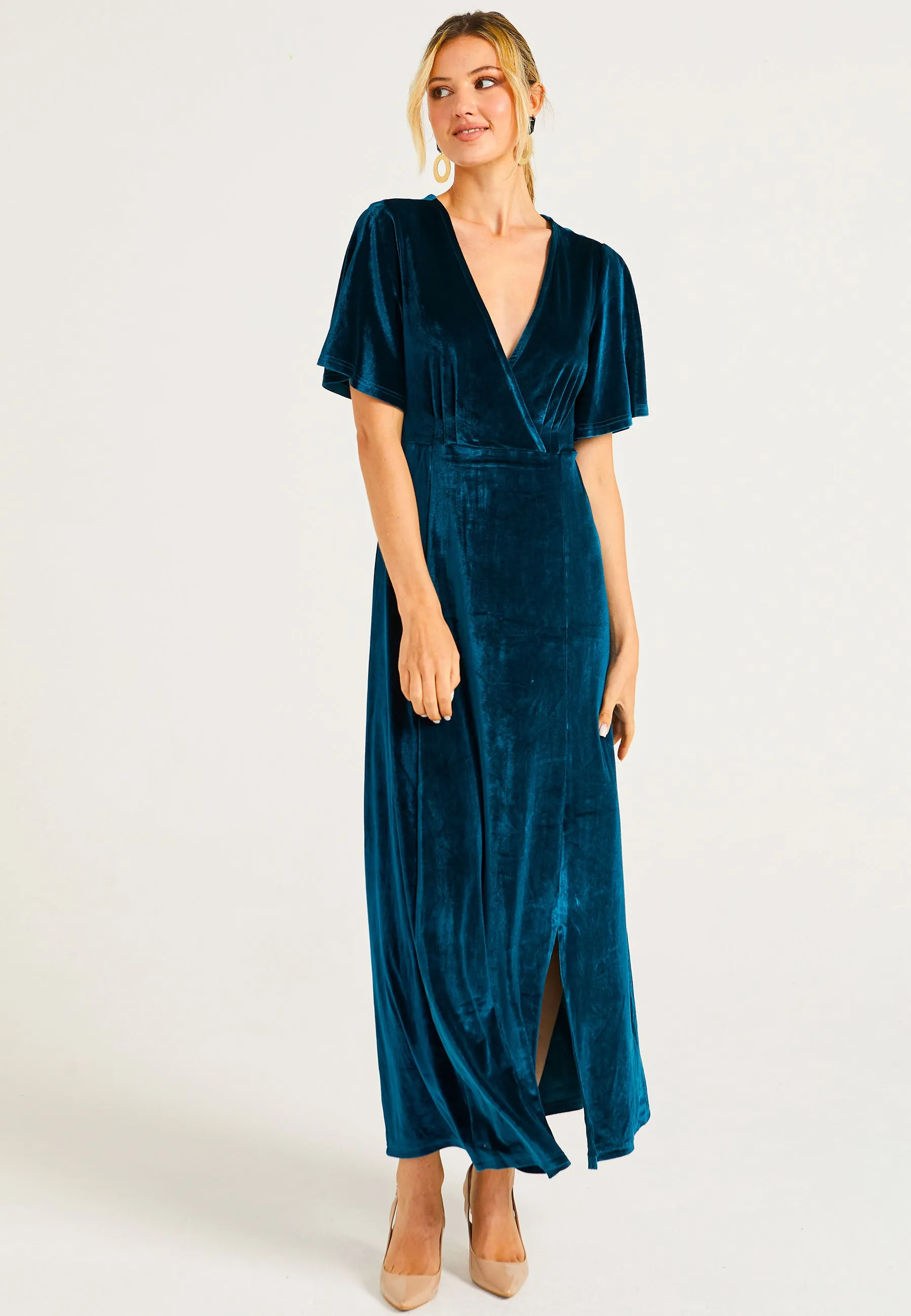 Velvet Flutter Sleeve Faux Wrap Dress With Slit in Teal