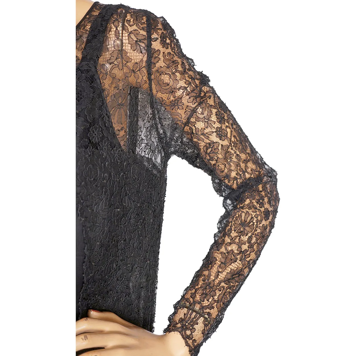 Vintage 1920s Evening Gown Black Lace and Silk Chiffon Dress Size Medium
