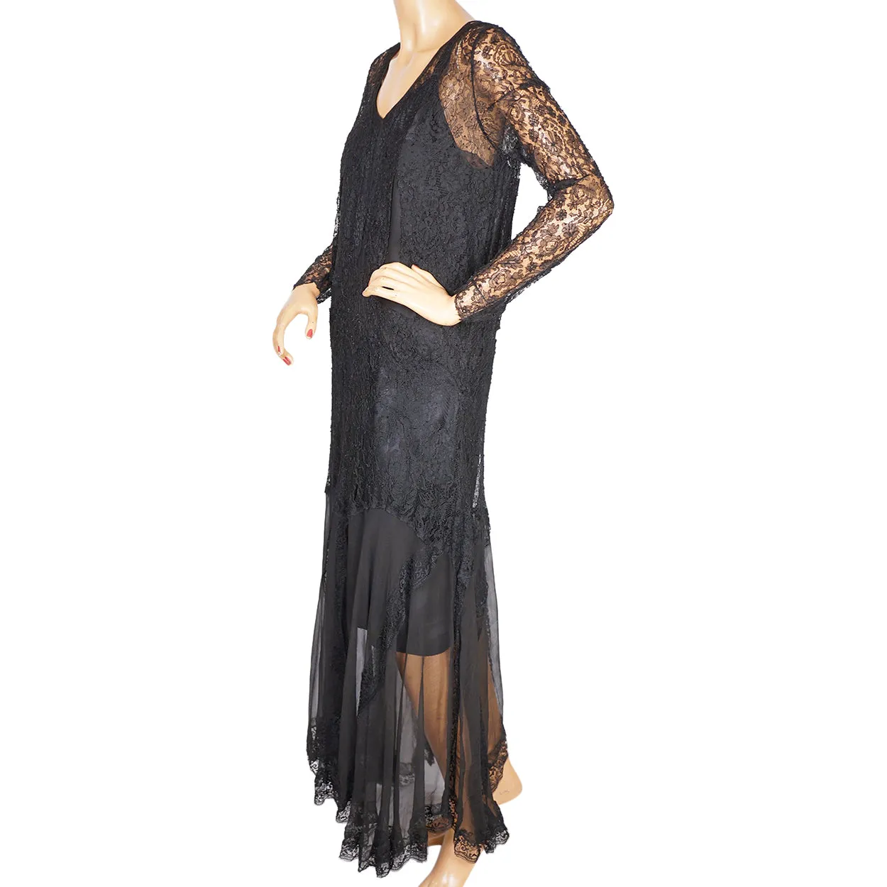 Vintage 1920s Evening Gown Black Lace and Silk Chiffon Dress Size Medium