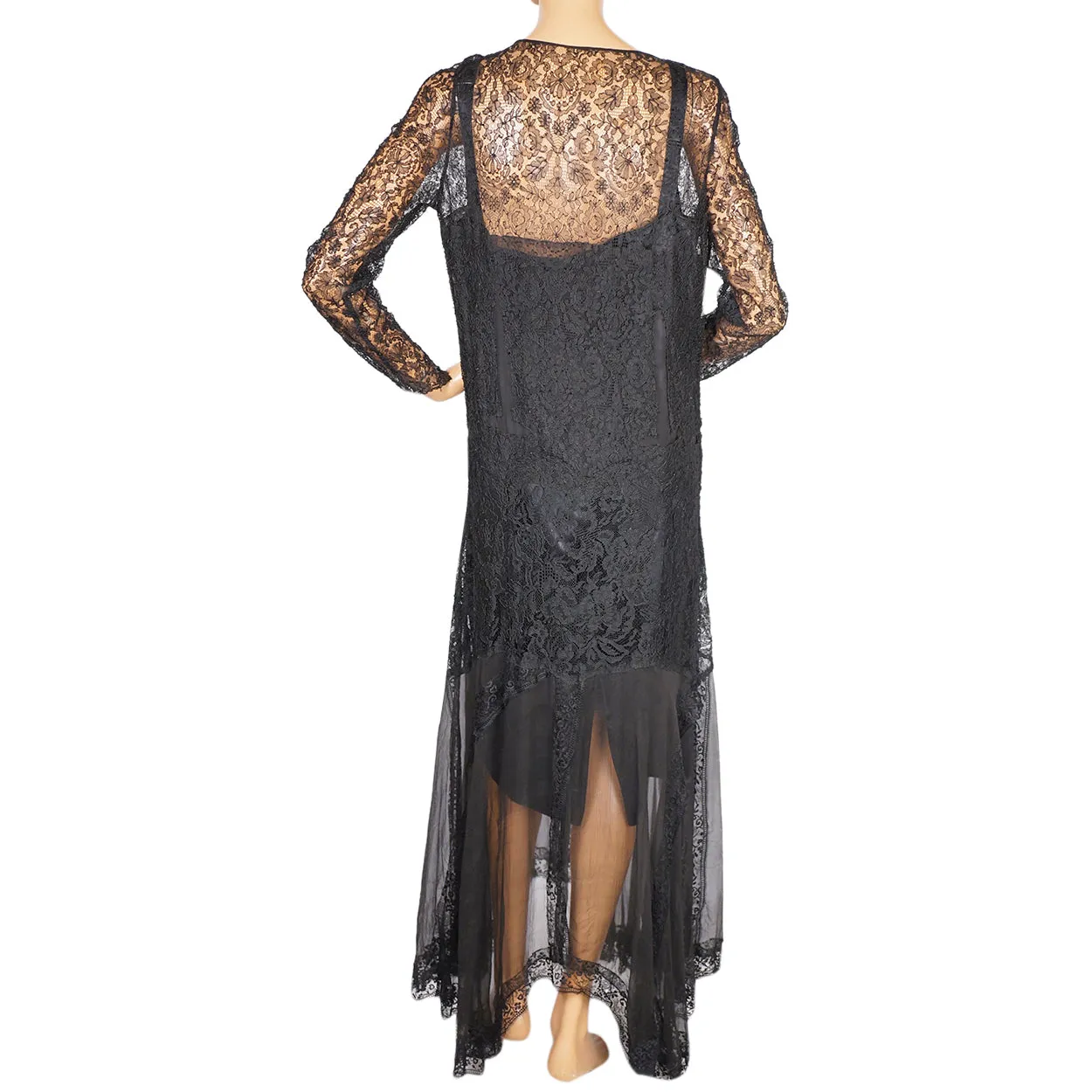 Vintage 1920s Evening Gown Black Lace and Silk Chiffon Dress Size Medium