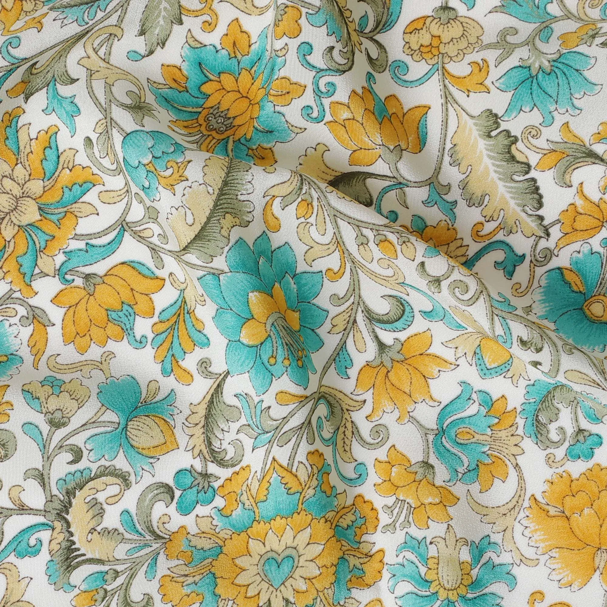 White Premium pure silk crepe fabric with multicolor print in floral design-D17190
