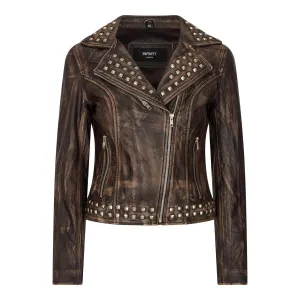 Women's Leather Jacket Cross Zip Studded Moto Brando Biker Coat