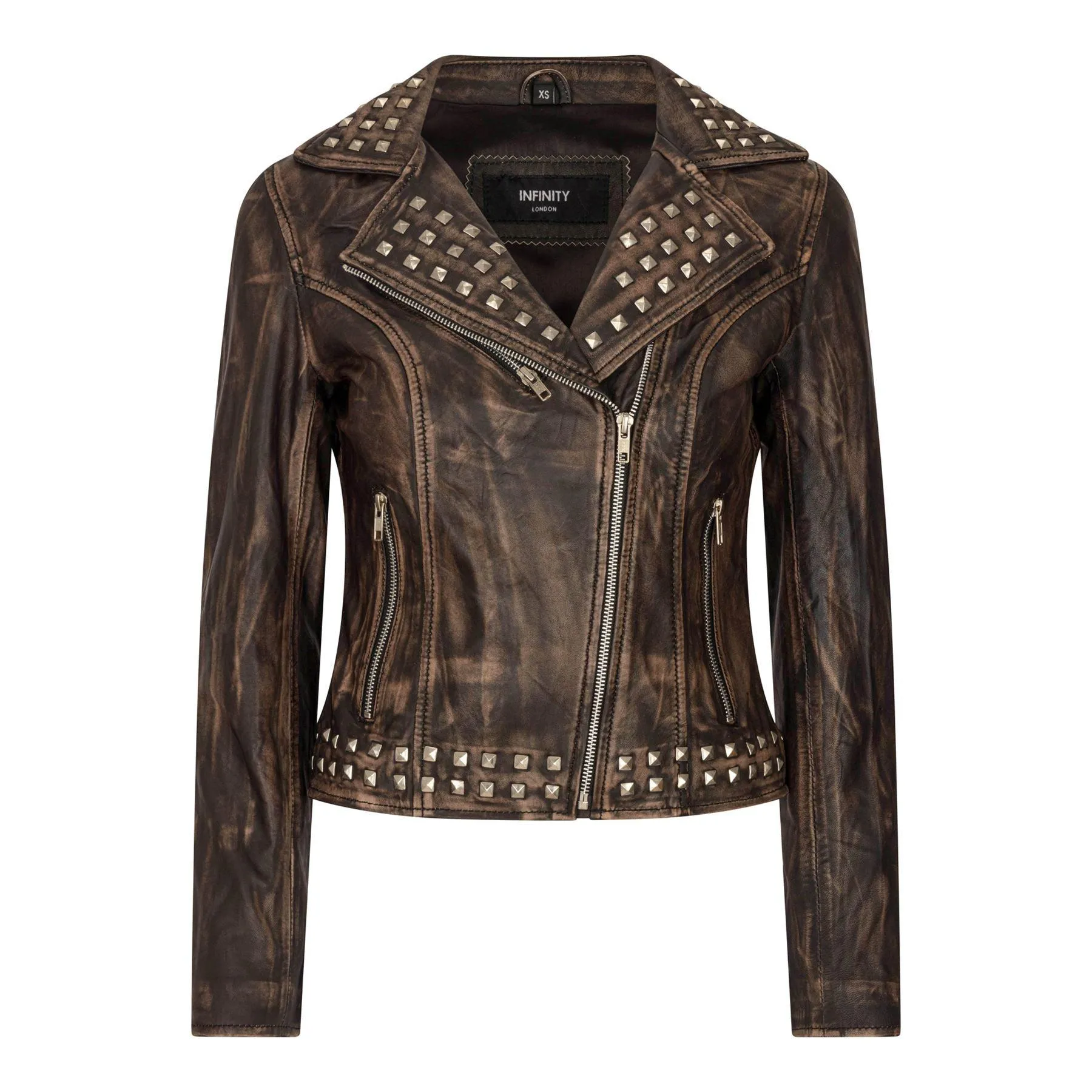 Women's Leather Jacket Cross Zip Studded Moto Brando Biker Coat