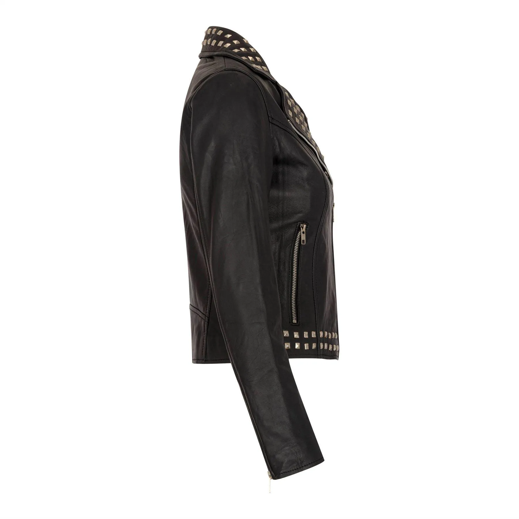 Women's Leather Jacket Cross Zip Studded Moto Brando Biker Coat