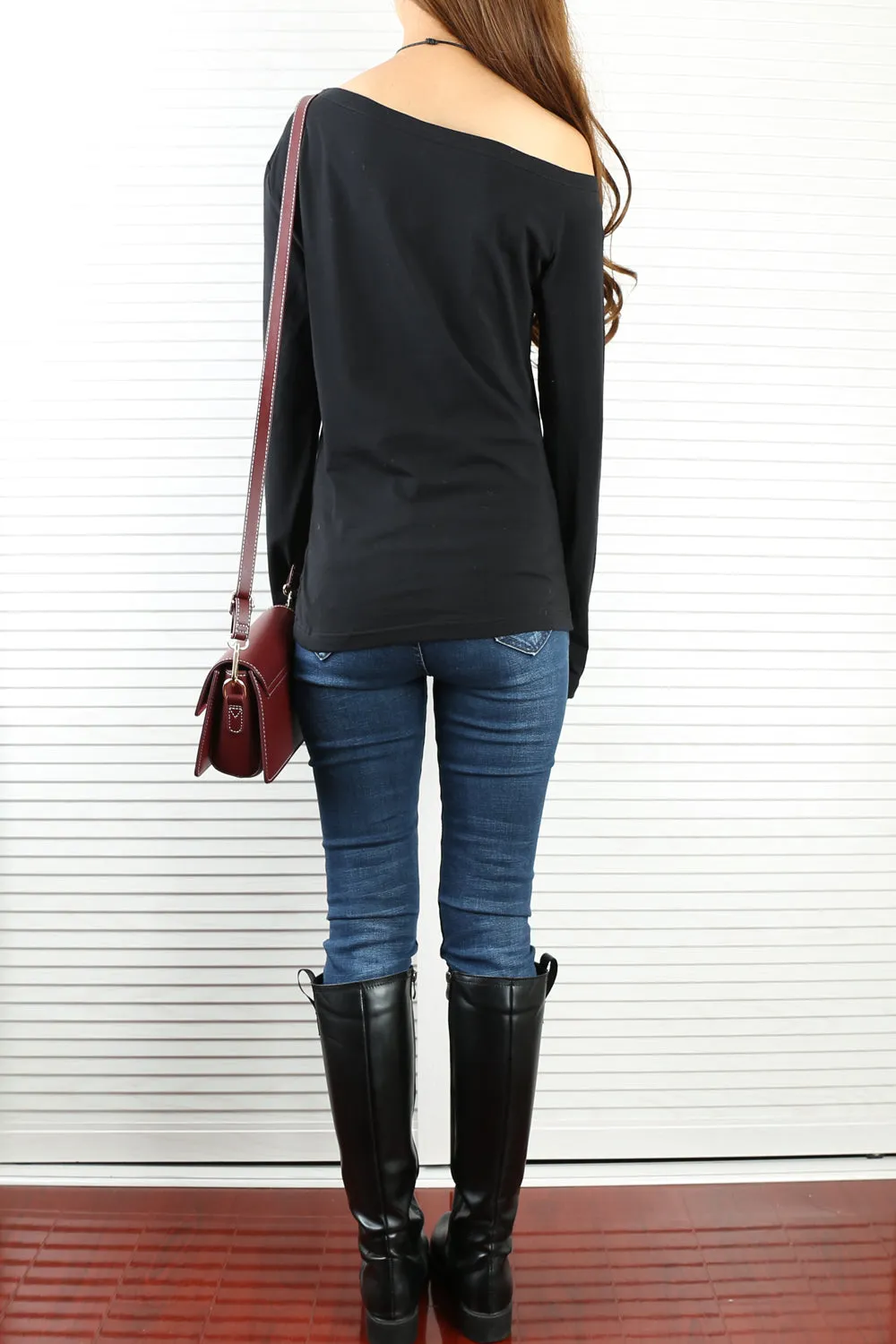 Women's long sleeve shirt/off shoulder top/Cotton t-shirt/casual top/customized t-shirt/long sleeve tops(Y1009)