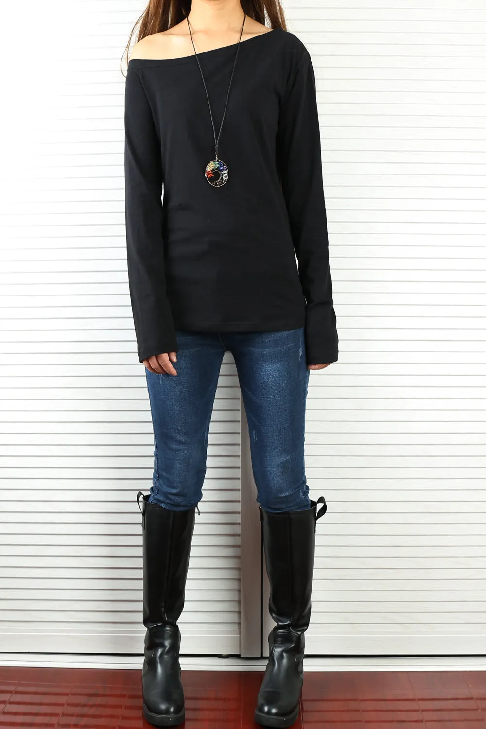 Women's long sleeve shirt/off shoulder top/Cotton t-shirt/casual top/customized t-shirt/long sleeve tops(Y1009)
