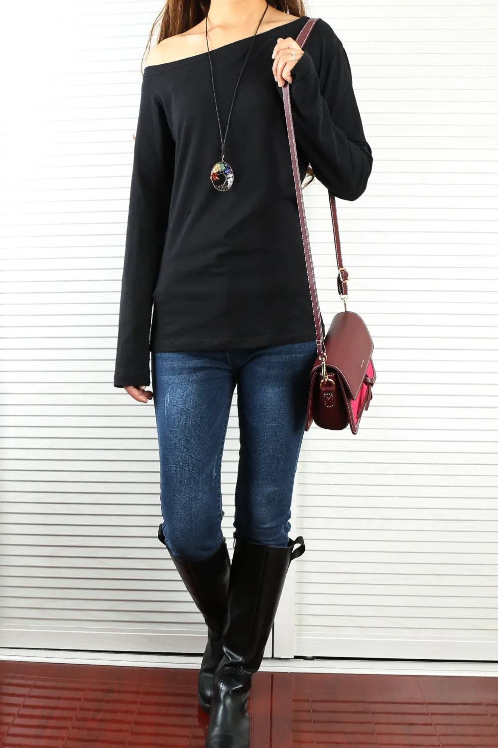 Women's long sleeve shirt/off shoulder top/Cotton t-shirt/casual top/customized t-shirt/long sleeve tops(Y1009)