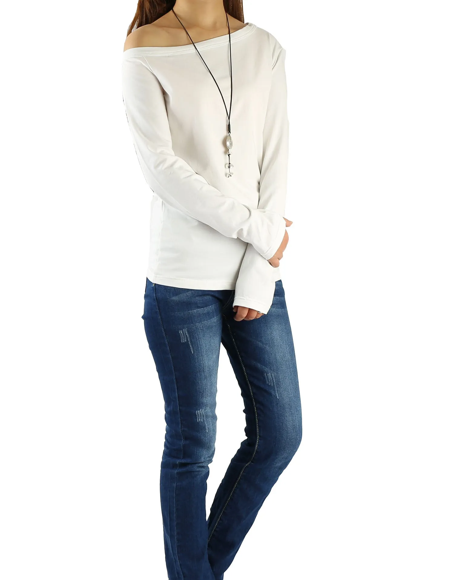 Women's long sleeve shirt/off shoulder top/Cotton t-shirt/casual top/customized t-shirt/long sleeve tops(Y1009)