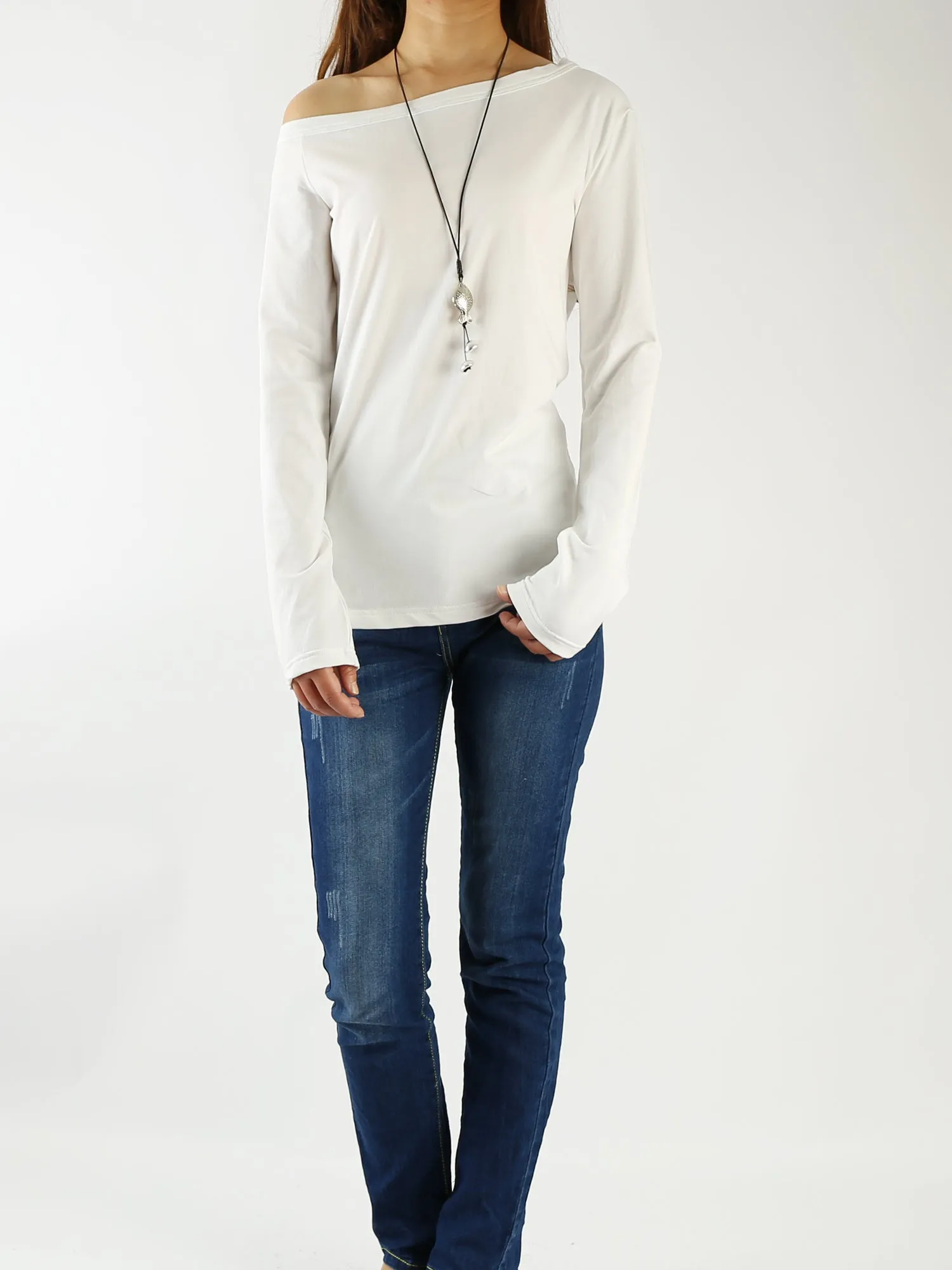 Women's long sleeve shirt/off shoulder top/Cotton t-shirt/casual top/customized t-shirt/long sleeve tops(Y1009)