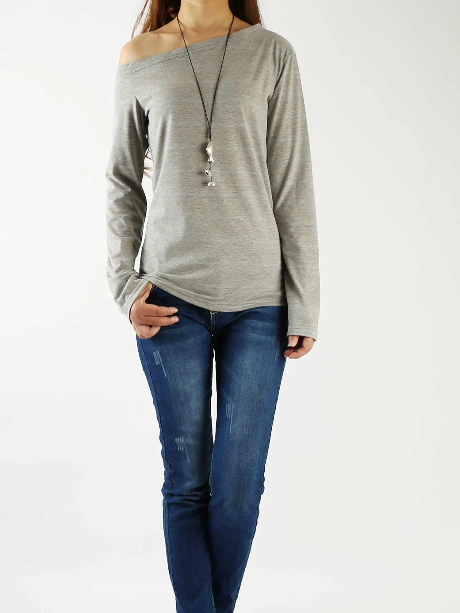 Women's long sleeve shirt/off shoulder top/Cotton t-shirt/casual top/customized t-shirt/long sleeve tops(Y1009)