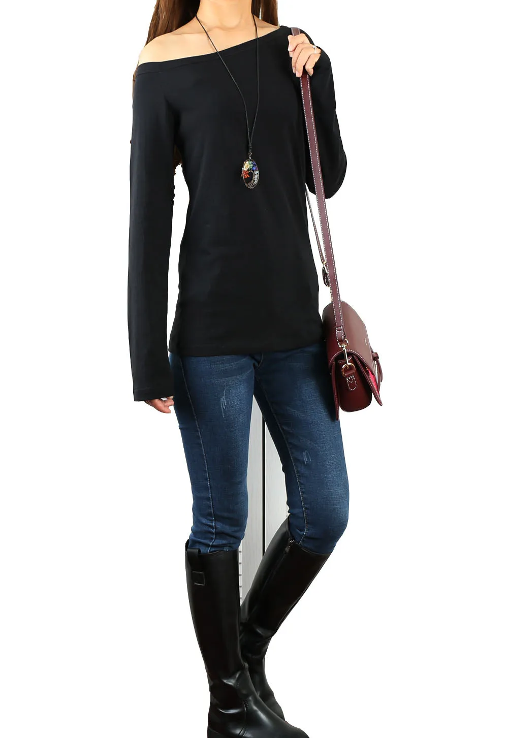 Women's long sleeve shirt/off shoulder top/Cotton t-shirt/casual top/customized t-shirt/long sleeve tops(Y1009)