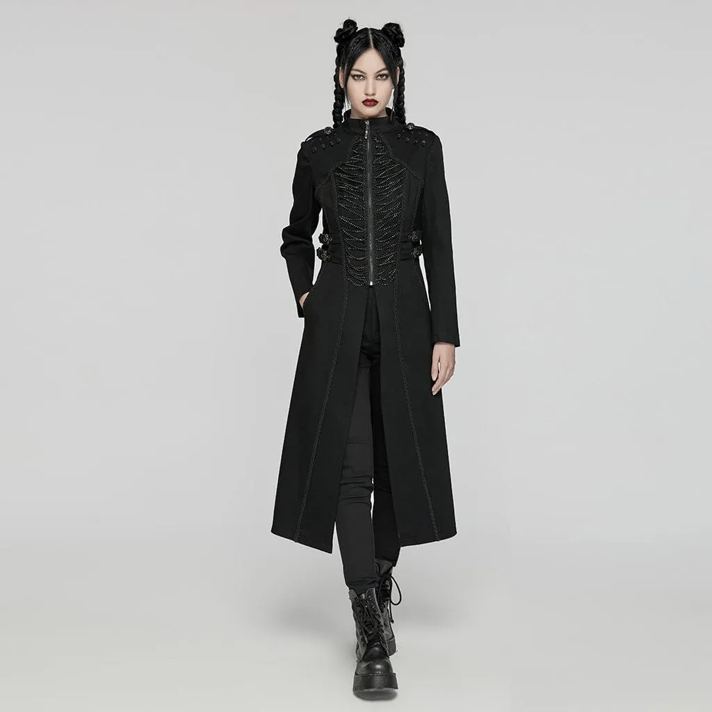 Women's Punk Stand Collar Chain Pin Coat